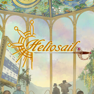 watercolor background with the word "heliosail" in front, underlined by a sword.